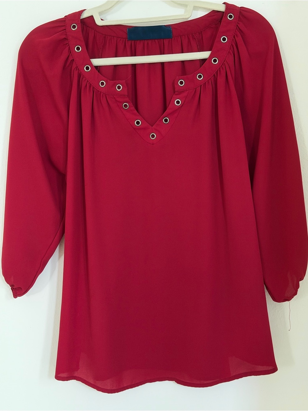 Women's Red Eyelet V-Neck Blouse with Gathered Yoke